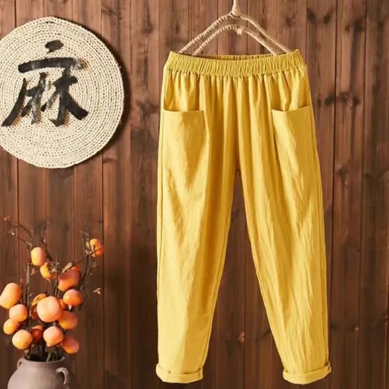 Women Casual Solid Color Cotton Linen Cropped Pants