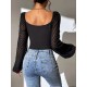 Women Fashion Solid Color Drawstring Lace-Up Lantern Sleeve Crop Top