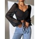 Women Fashion Solid Color Drawstring Lace-Up Lantern Sleeve Crop Top