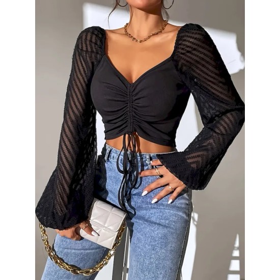 Women Fashion Solid Color Drawstring Lace-Up Lantern Sleeve Crop Top