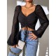 Women Fashion Solid Color Drawstring Lace-Up Lantern Sleeve Crop Top