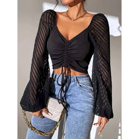 Women Fashion Solid Color Drawstring Lace-Up Lantern Sleeve Crop Top