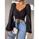 Women Fashion Solid Color Drawstring Lace-Up Lantern Sleeve Crop Top