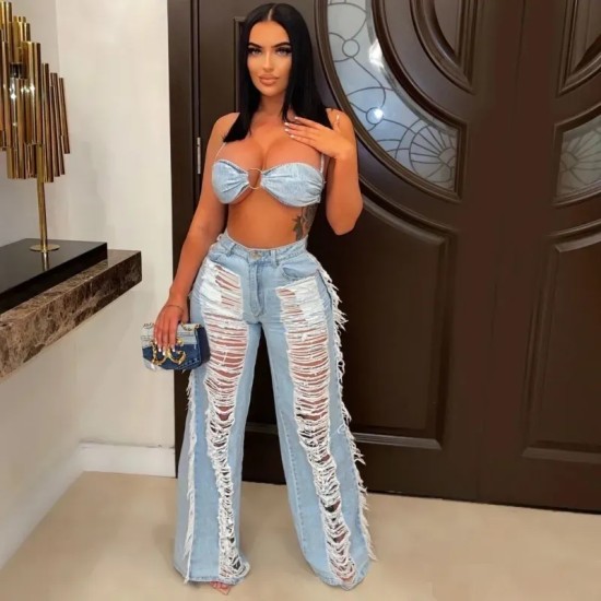 Women Fashion Sexy Tube Top Ripped Denim Pants Set