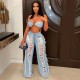Women Fashion Sexy Tube Top Ripped Denim Pants Set