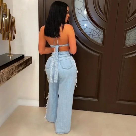 Women Fashion Sexy Tube Top Ripped Denim Pants Set