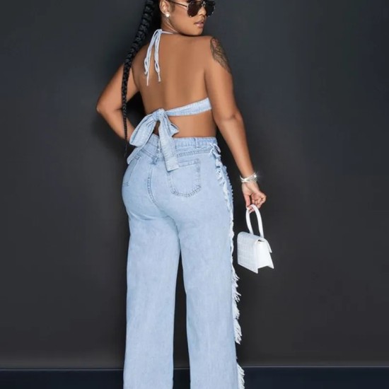 Women Fashion Sexy Tube Top Ripped Denim Pants Set