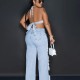 Women Fashion Sexy Tube Top Ripped Denim Pants Set