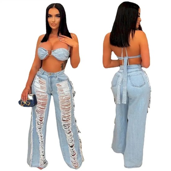 Women Fashion Sexy Tube Top Ripped Denim Pants Set