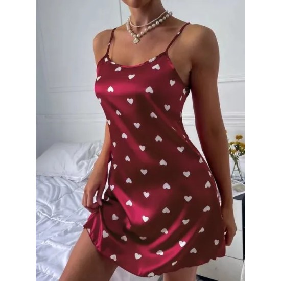 Women Heart Print Satin Slip Dress Pajamas