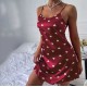Women Heart Print Satin Slip Dress Pajamas