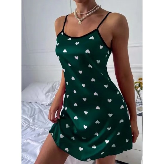 Women Heart Print Satin Slip Dress Pajamas