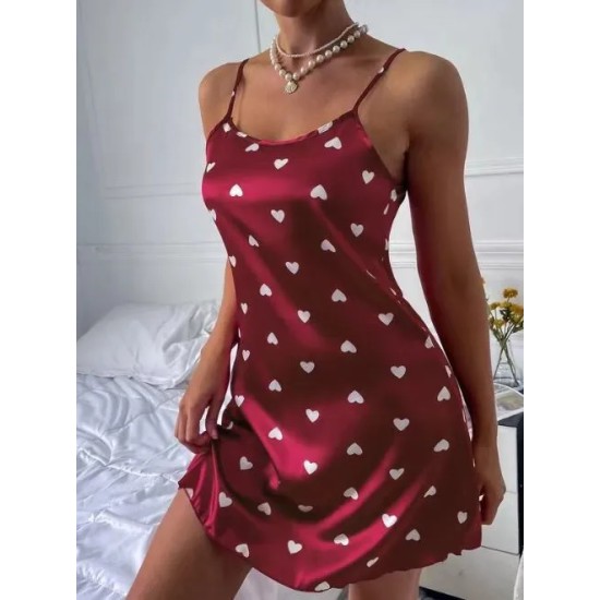 Women Heart Print Satin Slip Dress Pajamas