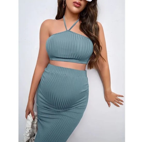 Pregnant Women Fashion Sexy Halter Neck Crop Top High Waist Split Knit Skirt Set