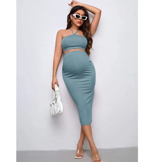 Pregnant Women Fashion Sexy Halter Neck Crop Top High Waist Split Knit Skirt Set