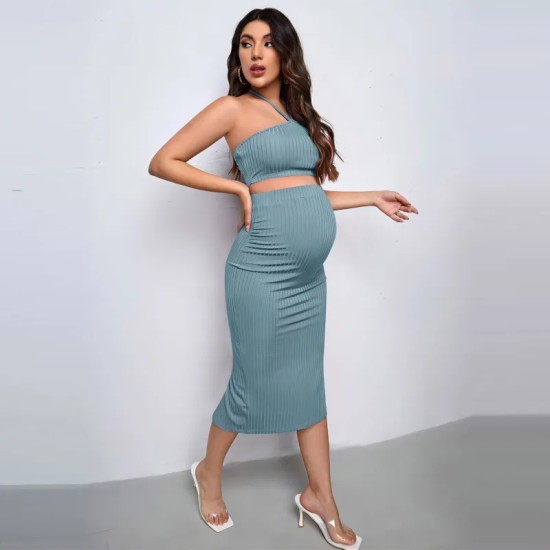 Pregnant Women Fashion Sexy Halter Neck Crop Top High Waist Split Knit Skirt Set