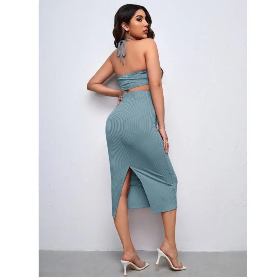 Pregnant Women Fashion Sexy Halter Neck Crop Top High Waist Split Knit Skirt Set