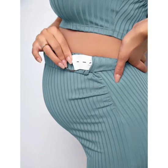 Pregnant Women Fashion Sexy Halter Neck Crop Top High Waist Split Knit Skirt Set
