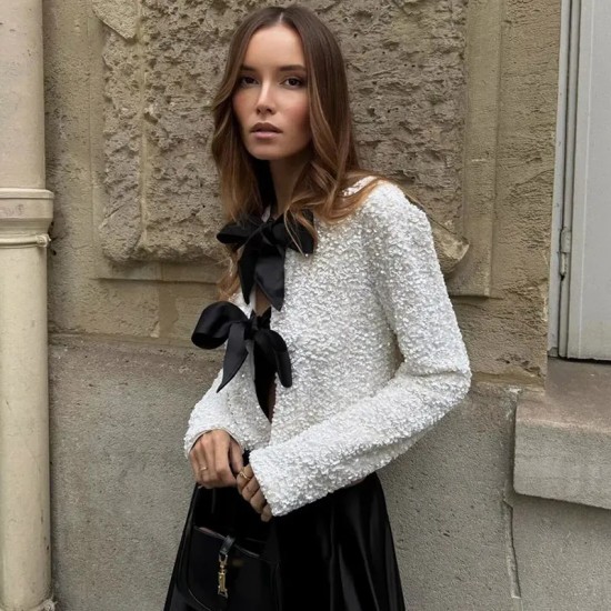 Women Fashion Bow Sequin Long Sleeve Coat