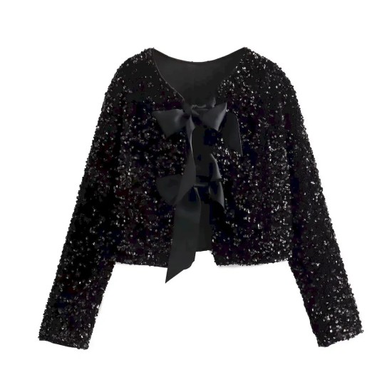 Women Fashion Bow Sequin Long Sleeve Coat