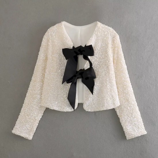 Women Fashion Bow Sequin Long Sleeve Coat