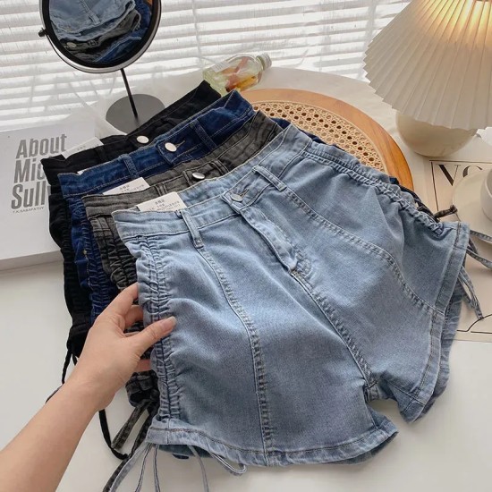 High Waist Wide Leg Denim Shorts Women'S Summer Drawstring Stretch A- Line Shorts