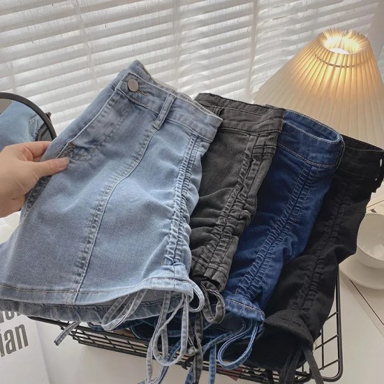High Waist Wide Leg Denim Shorts Women'S Summer Drawstring Stretch A- Line Shorts
