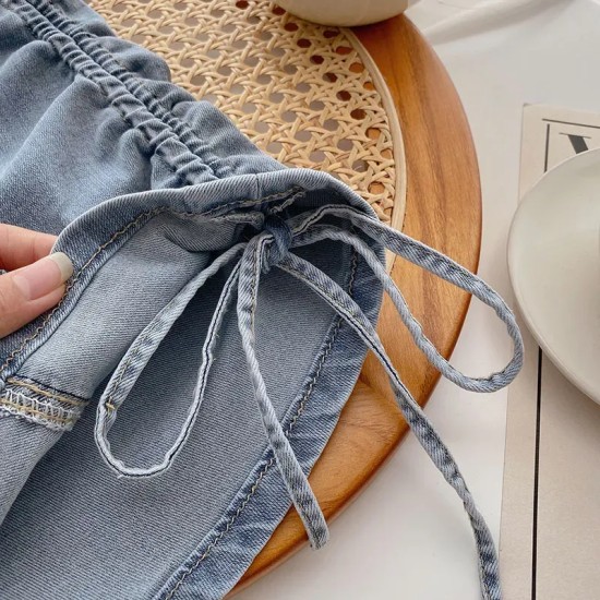 High Waist Wide Leg Denim Shorts Women'S Summer Drawstring Stretch A- Line Shorts