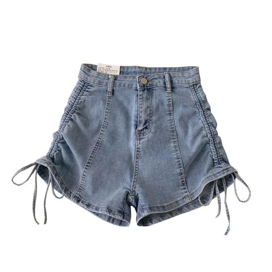 High Waist Wide Leg Denim Shorts Women'S Summer Drawstring Stretch A- Line Shorts