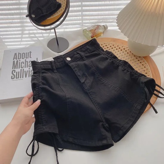High Waist Wide Leg Denim Shorts Women'S Summer Drawstring Stretch A- Line Shorts