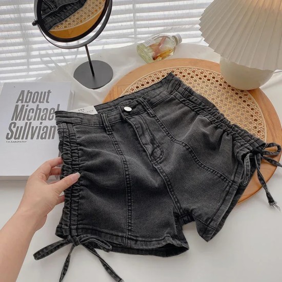 High Waist Wide Leg Denim Shorts Women'S Summer Drawstring Stretch A- Line Shorts