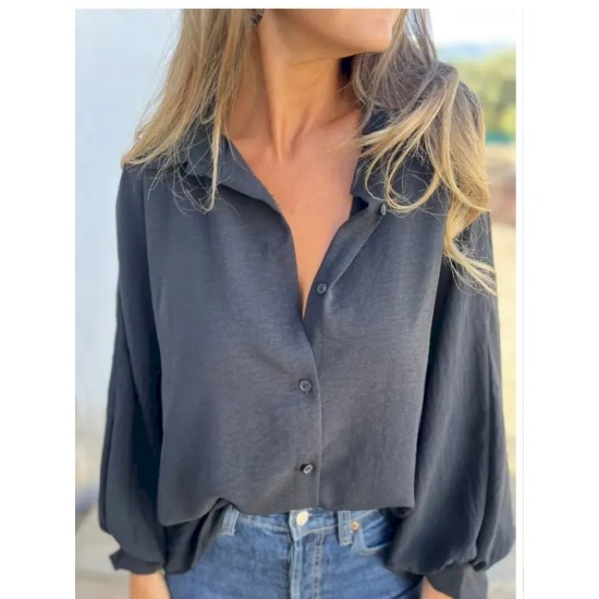 Women Fashion Casual Solid Color Lasel Long Sleeve Button Blouse