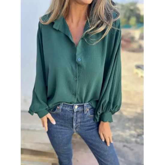 Women Fashion Casual Solid Color Lasel Long Sleeve Button Blouse