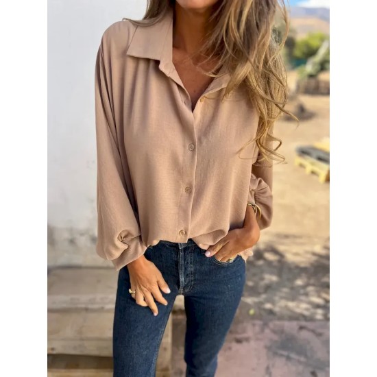 Women Fashion Casual Solid Color Lasel Long Sleeve Button Blouse