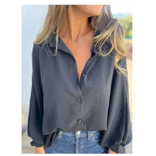 Women Fashion Casual Solid Color Lasel Long Sleeve Button Blouse