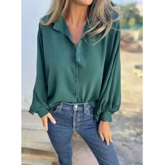 Women Fashion Casual Solid Color Lasel Long Sleeve Button Blouse