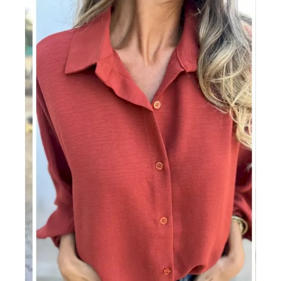 Women Fashion Casual Solid Color Lasel Long Sleeve Button Blouse