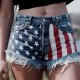 Women Fashion Casual American Flag Tassel Star Print Denim Shorts