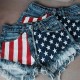 Women Fashion Casual American Flag Tassel Star Print Denim Shorts