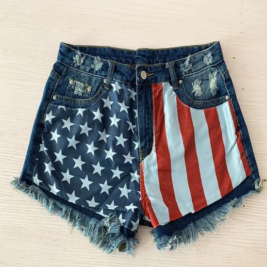 Women Fashion Casual American Flag Tassel Star Print Denim Shorts