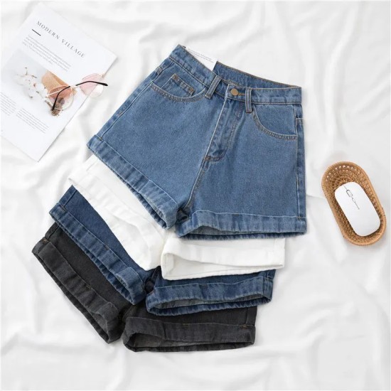 Women Petite Curled Hem Women Summer Thin Fashionable Straight Casual Wide-Leg Denim Shorts