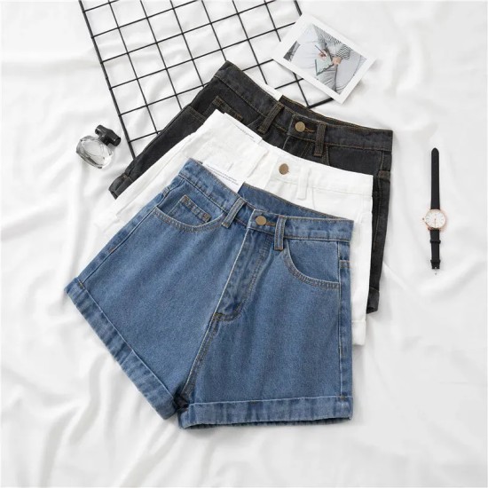 Women Petite Curled Hem Women Summer Thin Fashionable Straight Casual Wide-Leg Denim Shorts
