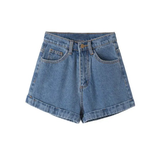Women Petite Curled Hem Women Summer Thin Fashionable Straight Casual Wide-Leg Denim Shorts
