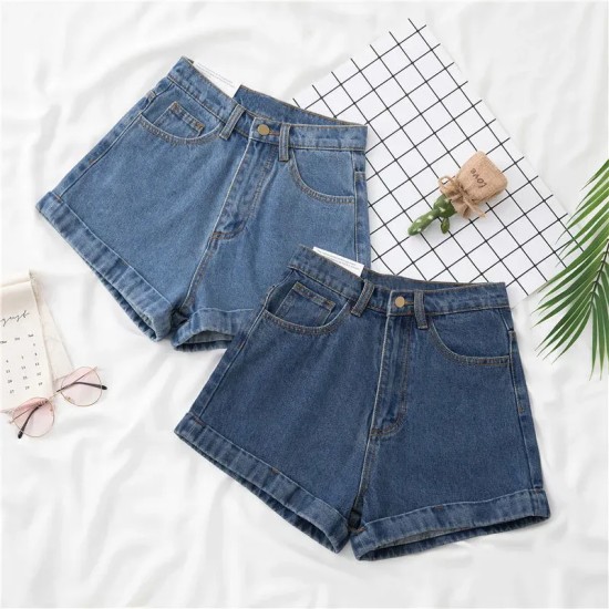 Women Petite Curled Hem Women Summer Thin Fashionable Straight Casual Wide-Leg Denim Shorts