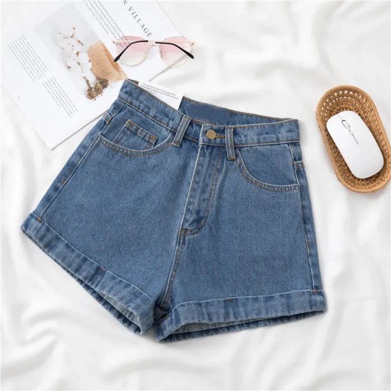 Women Petite Curled Hem Women Summer Thin Fashionable Straight Casual Wide-Leg Denim Shorts