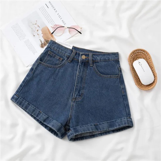 Women Petite Curled Hem Women Summer Thin Fashionable Straight Casual Wide-Leg Denim Shorts