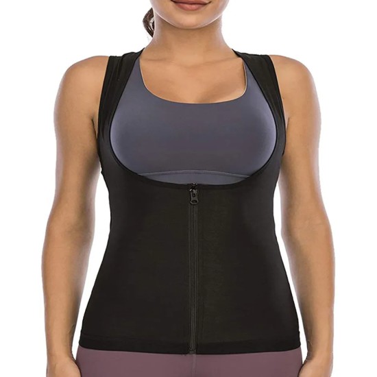 Women Casual Sports Sauna Zipper Solid Color Sleeveless Tank Top