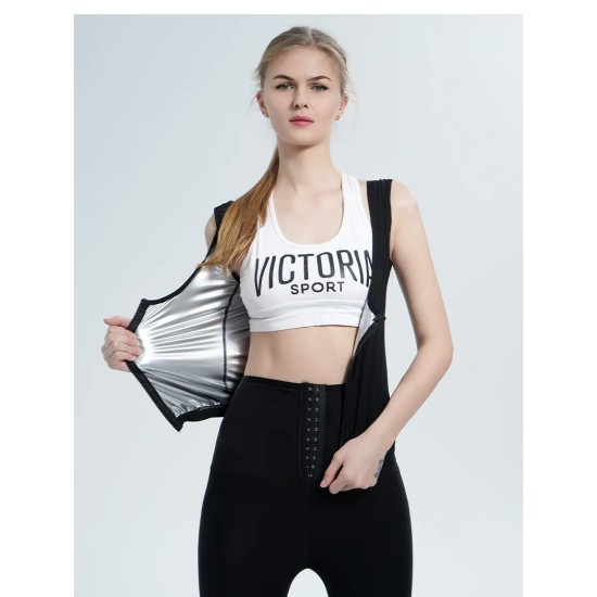 Women Casual Sports Sauna Zipper Solid Color Sleeveless Tank Top