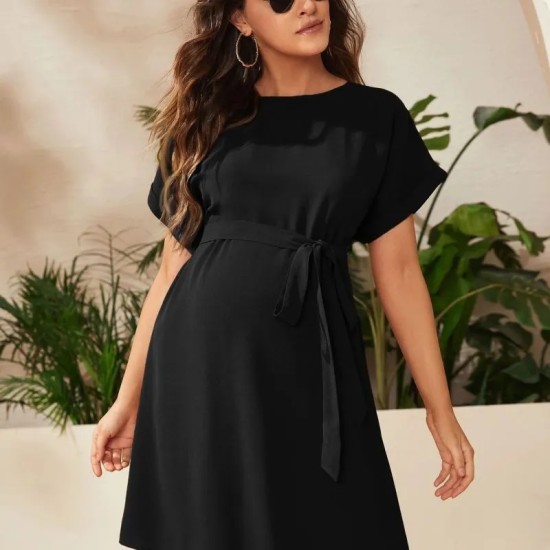 Women Fashion Solid Color Lace-Up Bat Sleeve Maternity Dress
