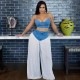 Women Fashion Sexy V-Neck Camisole Denim Chiffon Splicing Pleated Pants Two-Piece Set